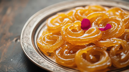 A traditional Indian sweet, jalebi, served on a silver plate with space on the left for copyの素材