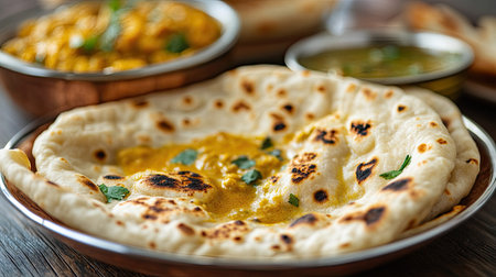A close-up of a plate of buttered naan with a side of curry, leaving room on the side for textの素材