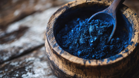 A close-up of natural indigo dye in a wooden container, with space on the side for a messageの素材