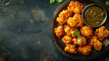 A plate of crisp, golden pakoras with chutney, with a blank area on the right for a messageの素材