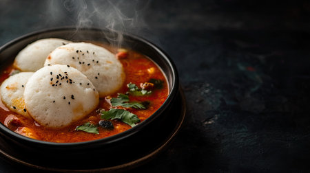 A serving of hot, steaming idlis with sambar, with blank space on the side for copyの素材