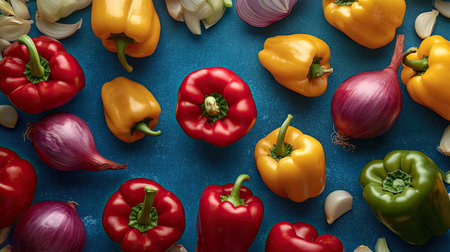 Flat lay of colorful peppers and onions, with room for copy in the centerの素材