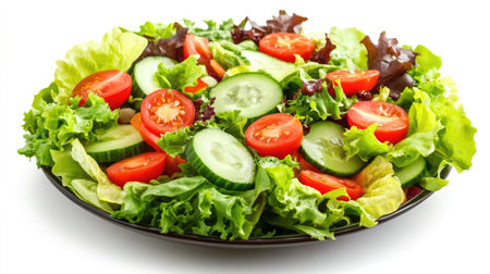Fresh salad with mixed greens, cucumbers, and tomatoes, perfect for weight loss. No people, copy spaceの素材