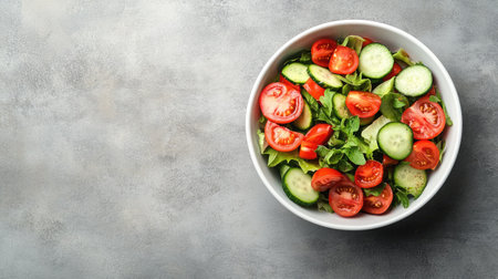 Top view of a bowl of fresh salad with tomatoes and cucumbers, room for text in the centerの素材