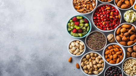 Healthy snack options for weight loss including nuts, fruits, and seeds. No people, ample space for messageの素材