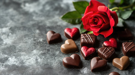 Heart-shaped chocolates and a rose, symbolizing sweet romance and love. No people, ample copy spaceの素材