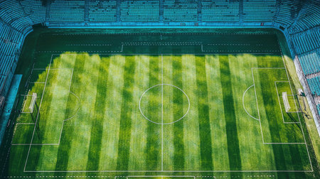 Top view of a deserted football stadium with neatly arranged seats and a pristine field. Copy space availableの素材
