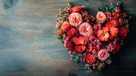 Heart-shaped floral arrangement on a table, representing love and special moments. No people, copy space availableの素材