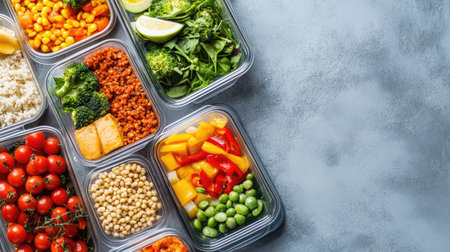 Top view of portioned meals with balanced nutrients for weight loss. No people, copy space availableの素材
