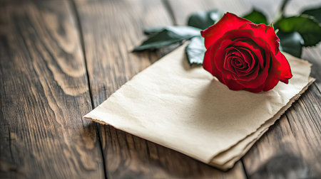 A romantic love letter with a rose on top, symbolizing heartfelt emotions and celebration. No people, space for textの素材