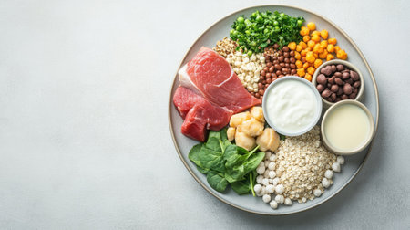 Top view of a plate with a variety of foods including leafy greens lean protein whole grains and dairy. Copy space availableの素材