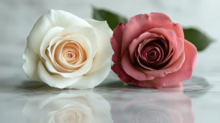 Two roses crossed together on a soft surface, symbolizing romance and togetherness. No people, space for copyの素材