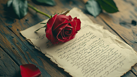 A romantic love letter with a rose on top, symbolizing heartfelt emotions and celebration. No people, space for textの素材