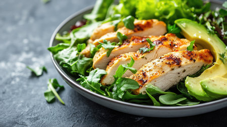 Low-carb plate with chicken, avocado, and a side of fresh greens. No people, ample space for textの素材