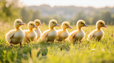 A group of fluffy ducklings waddling through a field, with plenty of room for copy in the grass and skyの素材