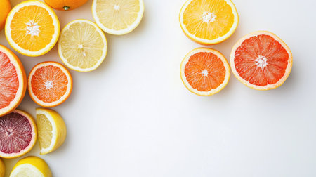 Freshly cut citrus fruits orange, lemon, and grapefruit on a bright white surface, with copy spaceの素材