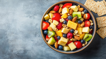 Top view of a colorful fruit salad paired with nuts and a side of whole grain crackers. Copy space availableの素材