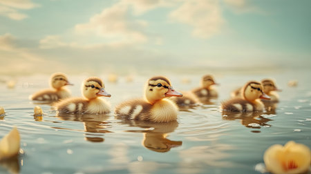 A group of baby ducklings in a pond, space for text in the calm water reflections and sky aboveの素材
