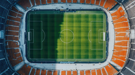Top view of an empty stadium capturing the geometric patterns of the seating sections and field layout. Copy space availableの素材