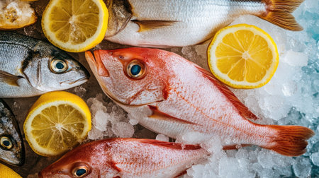 Top view of a variety of fresh fish on ice with lemon slices, perfect for text overlayの素材