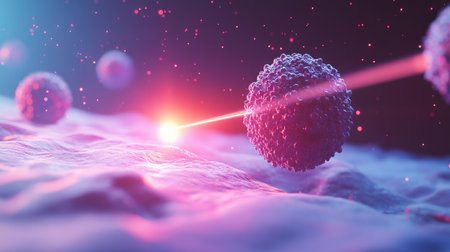 3D rendering of a laser beam targeting cancer cells in phototherapy treatment. No people, ample copy space for textの素材