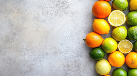 Top view of an array of citrus fruits--lemons, limes, and oranges--on a bright surface, with ample copy spaceの素材
