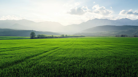 Serene, green field bordered by distant mountains, providing ample space for copyの素材
