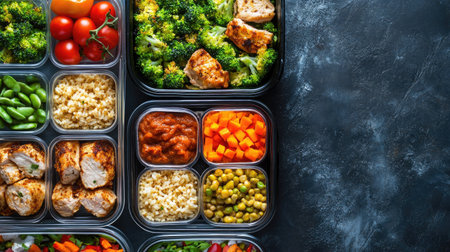 Top view of a healthy meal prep for weight loss with portion control. No people, copy space availableの素材