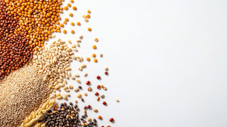 Top view of assorted grains and legumes, with space for text on a clean white backgroundの素材