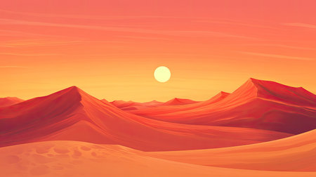 Expansive desert scene with orange and red dunes at sunset, vast space for text. No people, copy spaceの素材