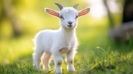 A baby goat standing on a farm, surrounded by green grass, plenty of space for text in the backgroundの素材