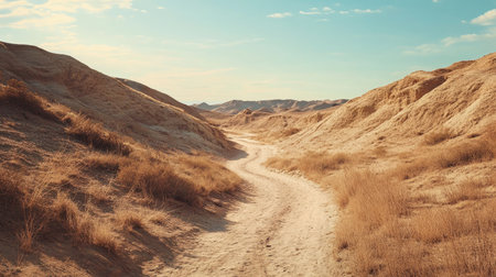 Lonely desert path winding through sandy hills, clear for text overlay. No people, copy spaceの素材