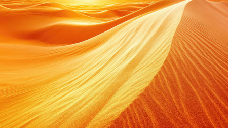 Soft curves of golden desert sand under a vibrant orange sunset, ideal for text. No people, copy spaceの素材