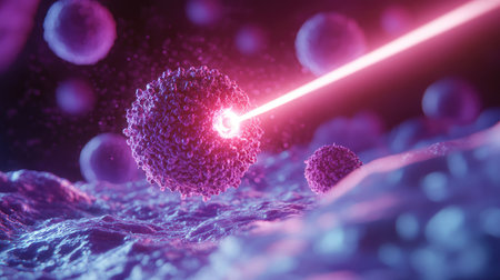 3D depiction of phototherapy with a laser beam attacking cancer cells. No people, space for text or brandingの素材