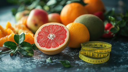 Fresh fruits and a measuring tape on a table, symbolizing a weight loss diet. No people, copy space for messageの素材