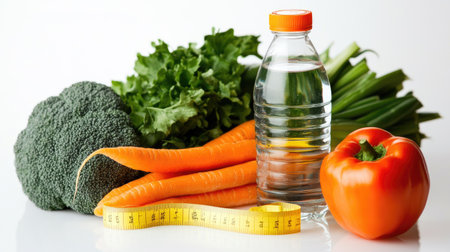 Fresh vegetables, a water bottle, and a measuring tape, symbolizing weight loss. No people, copy space availableの素材