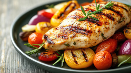 Grilled chicken and vegetables on a plate, ideal for a weight loss diet. No people, copy space availableの素材
