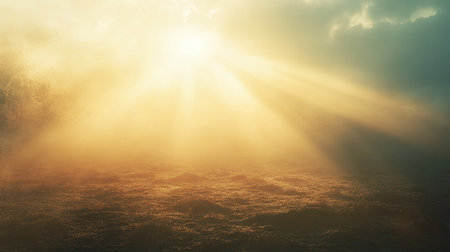 Soft rays of sunlight illuminating a landscape, leaving plenty of room for text or branding. No people, warm atmosphereの素材