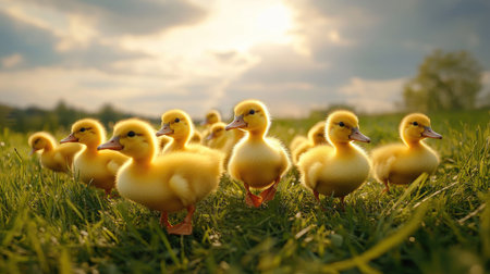 A group of fluffy ducklings waddling through a field, with plenty of room for copy in the grass and skyの素材