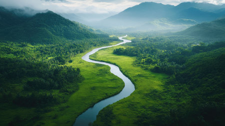 A winding river cutting through a lush green valley, with plenty of space for text in the skyの素材