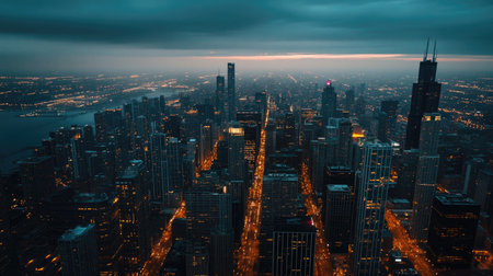 Aerial view of a modern city skyline during twilight, with ample space for text in the darkening skyの素材