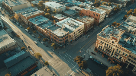 Aerial shot of a downtown area with a mix of modern and historic buildings, with room for text in the streetsの素材
