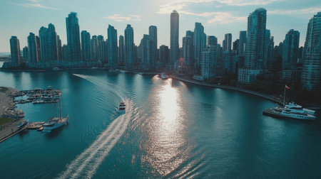 Aerial shot of a city harbor with boats and skyscrapers, room for text in the water and skylineの素材