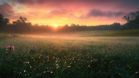 A peaceful meadow at sunrise with dew-covered grass, with room for copy in the glowing skyの素材