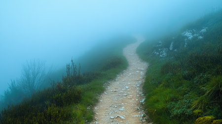 A mountain trail covered in mist, with plenty of space for text in the foggy backgroundの素材