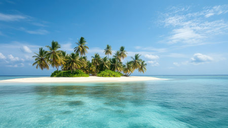 A remote island with a sandy beach and palm trees, with room for copy in the clear blue skyの素材