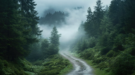 A misty mountain path through the dense forest, with space for text in the open sky and mistの素材