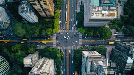 Aerial view of a busy city center with tall buildings and open streets, with copy space available in the roadsの素材