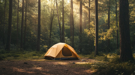 A single tent pitched in a forest clearing, surrounded by towering trees with room for text in the skyの素材