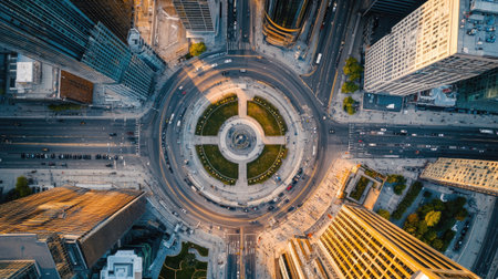 Aerial perspective of a city intersection with a circular plaza, with room for text in the open spaceの素材